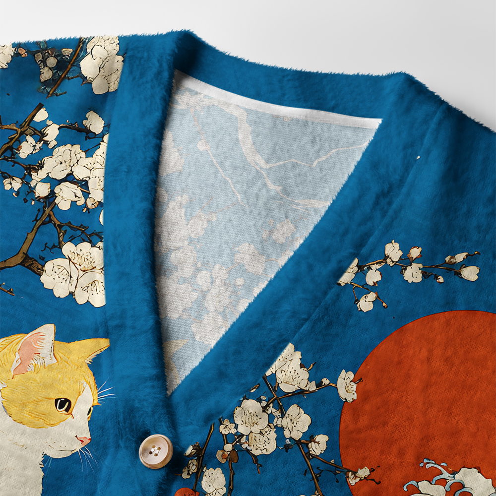 Waves and Cats Cardigan Sweater | Japanese Cat Design Close-up detail of the waves and cats cardigan sweater highlighting the soft fabric and artistic cat illustration.