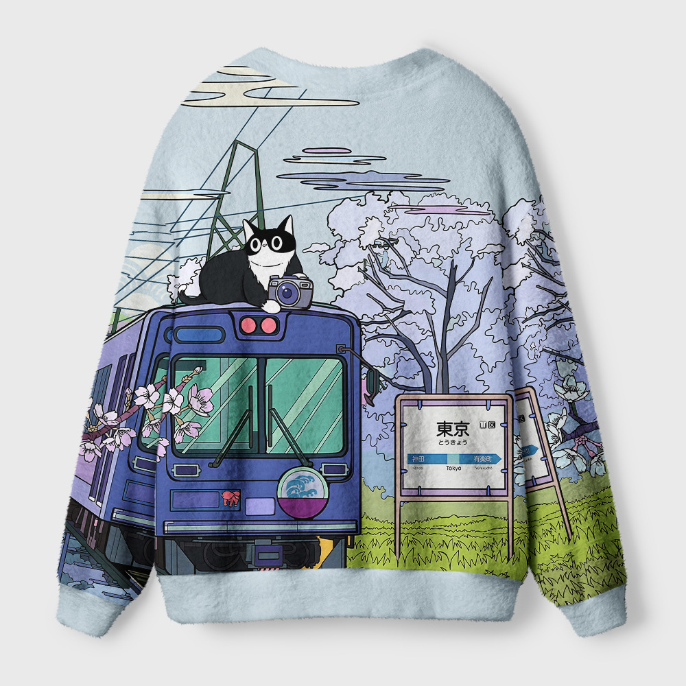 Black Cat on the Train Cardigan | Japanese Cat Design Back view showcasing the unique black cat on the train cardigan with detailed illustrations of a train and scenery.
