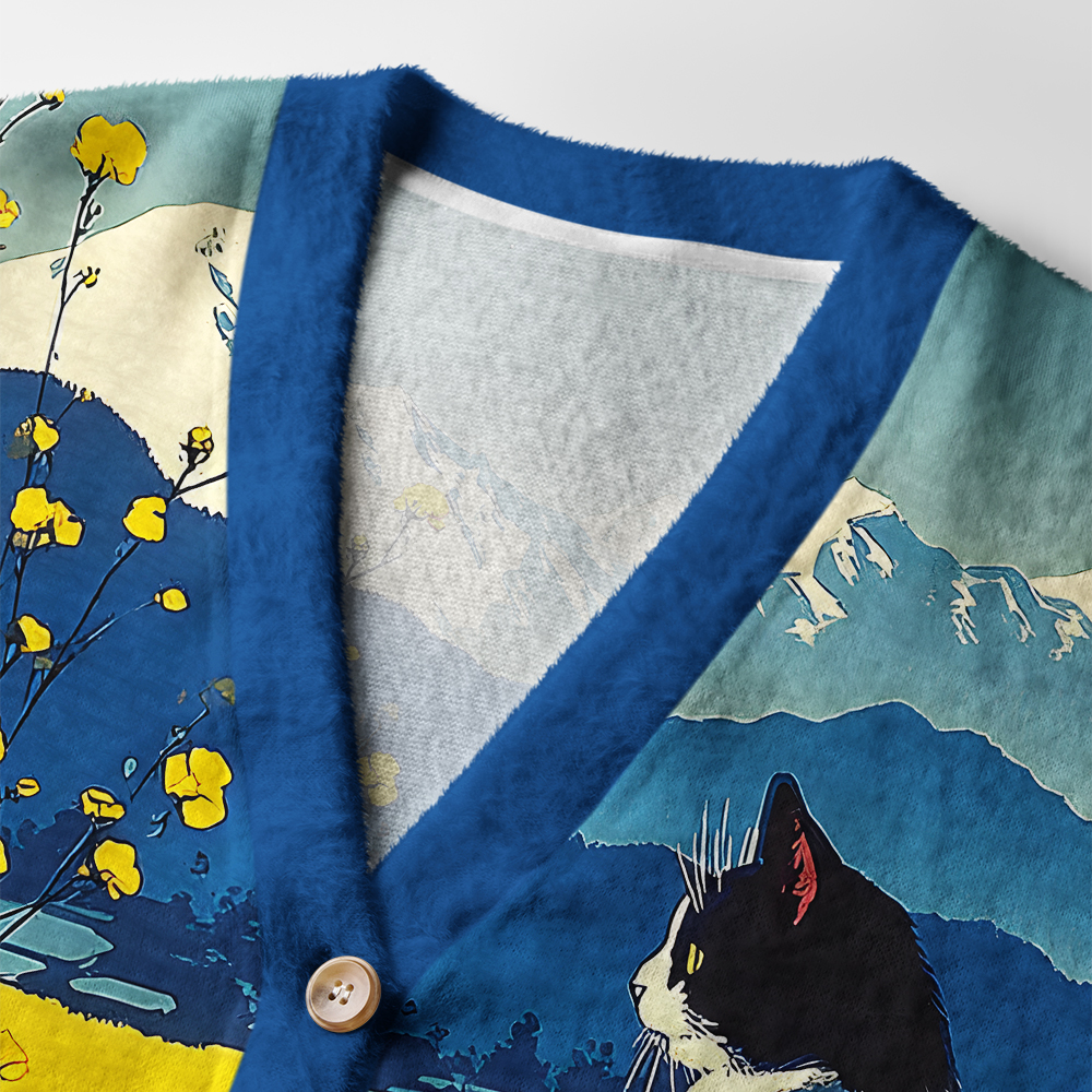 Daylily Cat Cardigan Sweater | Floral Cat Design Close-up detail of the daylily cat cardigan sweater's intricate floral cat design and soft texture.