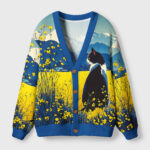 Front view of the daylily cat cardigan sweater showcasing vibrant floral cat design and blue accents.