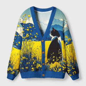 Front view of the daylily cat cardigan sweater showcasing vibrant floral cat design and blue accents.