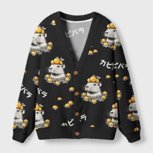 Front view of the capybara and lemon cardigan sweater featuring a playful animal design on a black base.