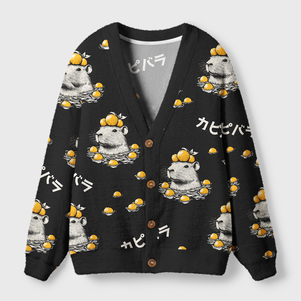 Capybara and Lemon Cardigan Sweater Front view of the capybara and lemon cardigan sweater featuring a playful animal design on a black base.
