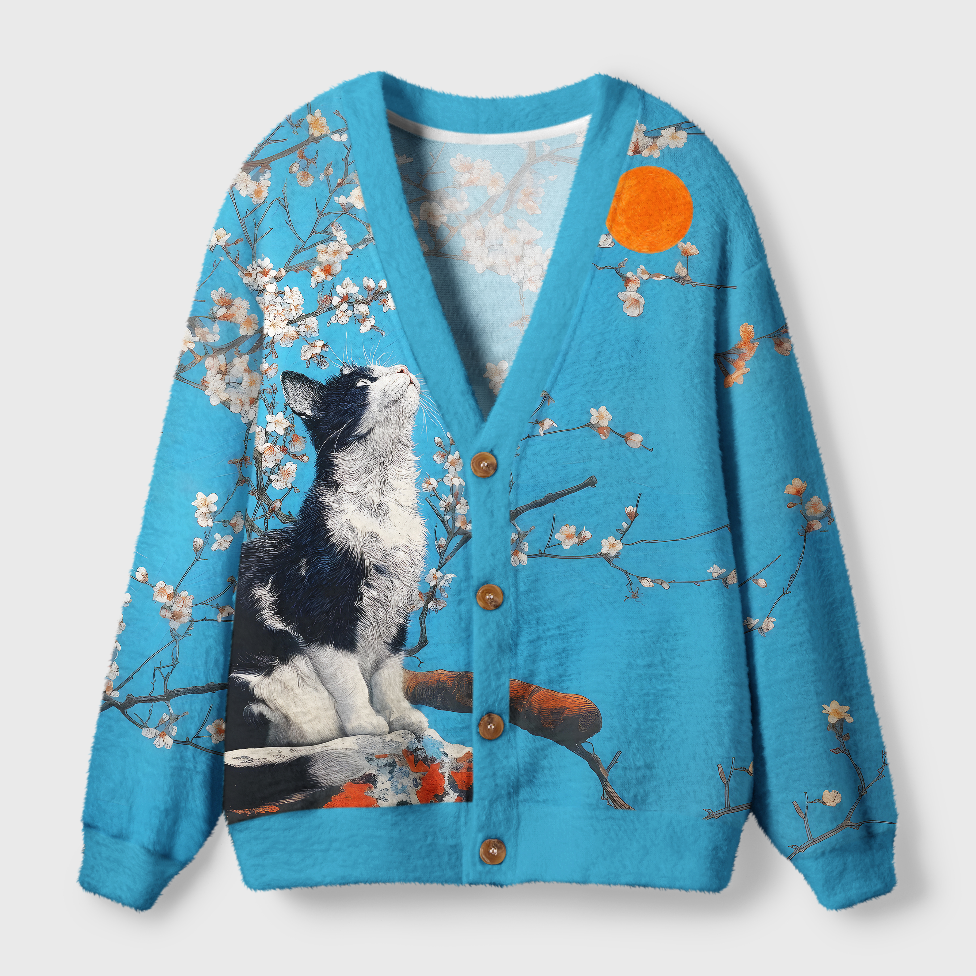 Cat Looking at the Sun Cardigan Sweater Front view of the cat looking at the sun cardigan sweater in blue, featuring a cat design and floral accents.