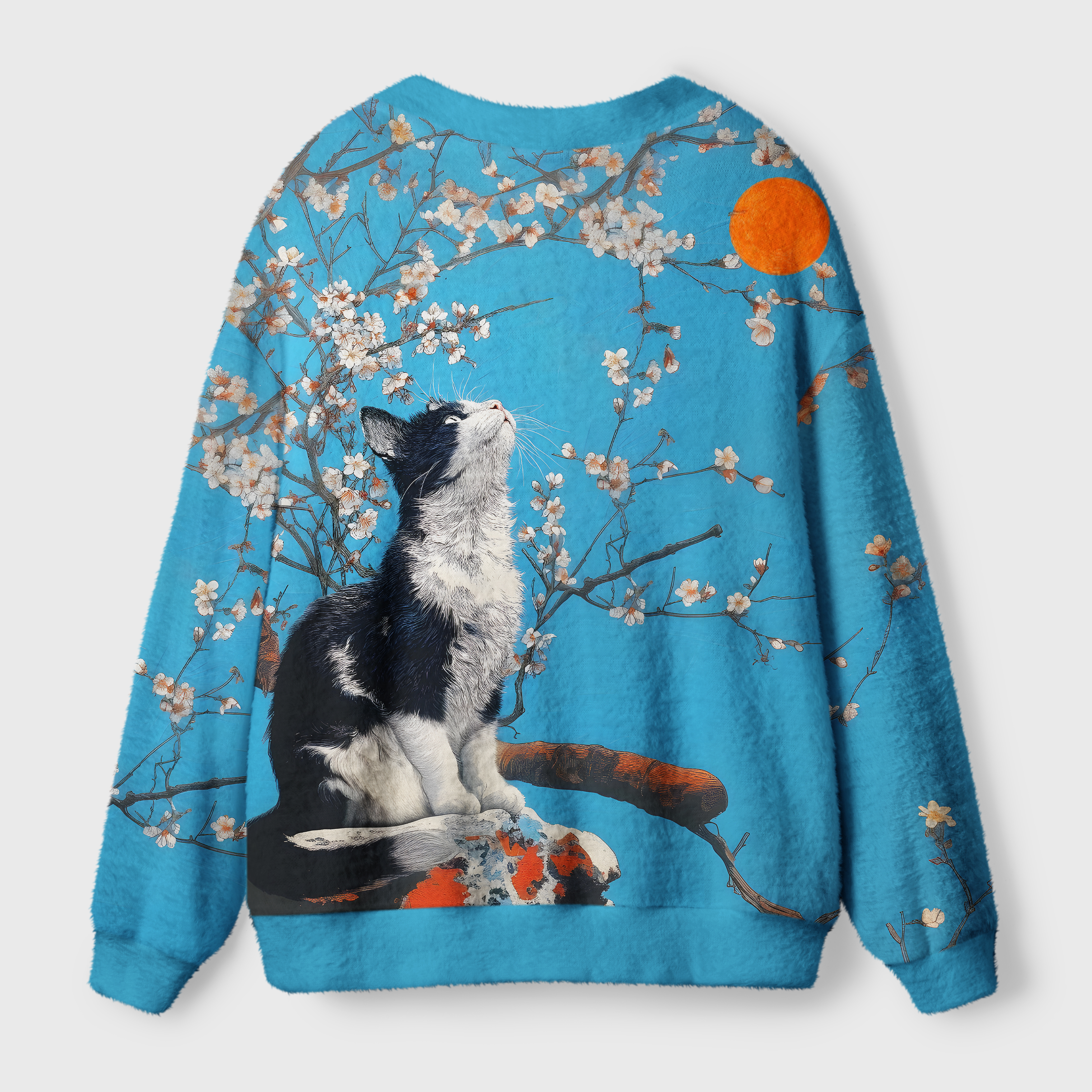 Cat Looking at the Sun Cardigan Sweater Back view of the cat looking at the sun cardigan sweater showcasing the vibrant blue color and cozy fit.