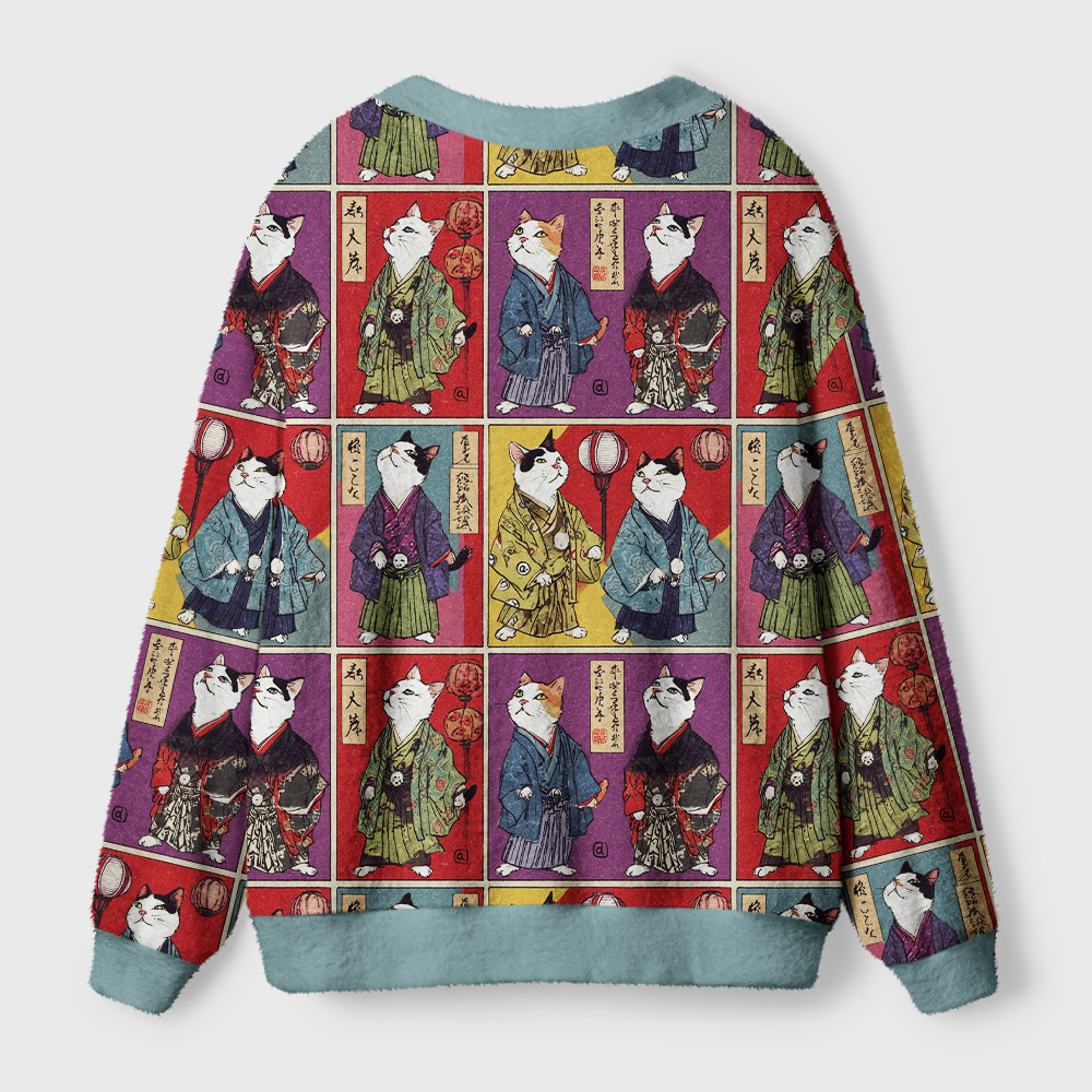 Samurai Cat Cardigan Sweater | Vintage Japanese Design Back view of the samurai cat cardigan sweater highlighting its unique print and cozy fit, perfect for layering.
