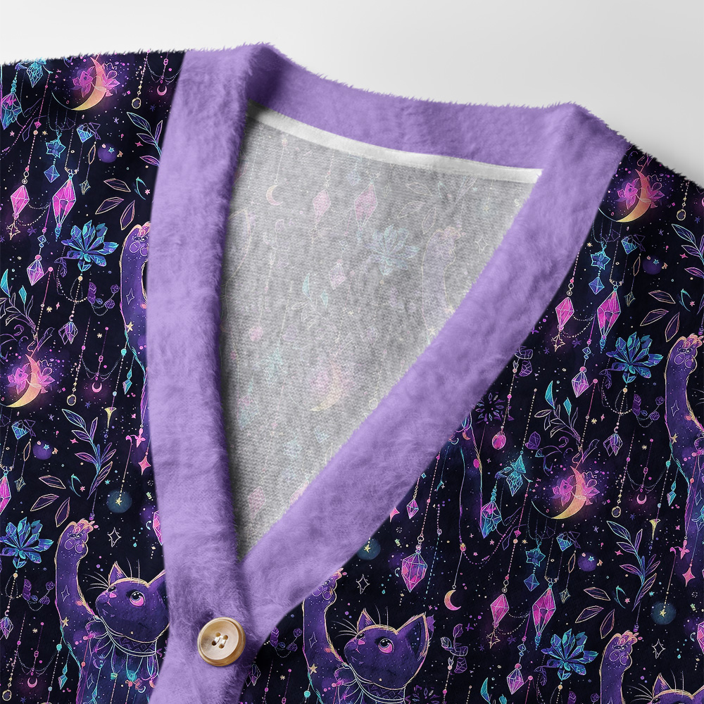 Nebula Cat Cardigan Sweater | Galaxy Cat Design Close-up detail of the nebula cat cardigan sweater highlighting the plush texture and colorful galaxy cat print.