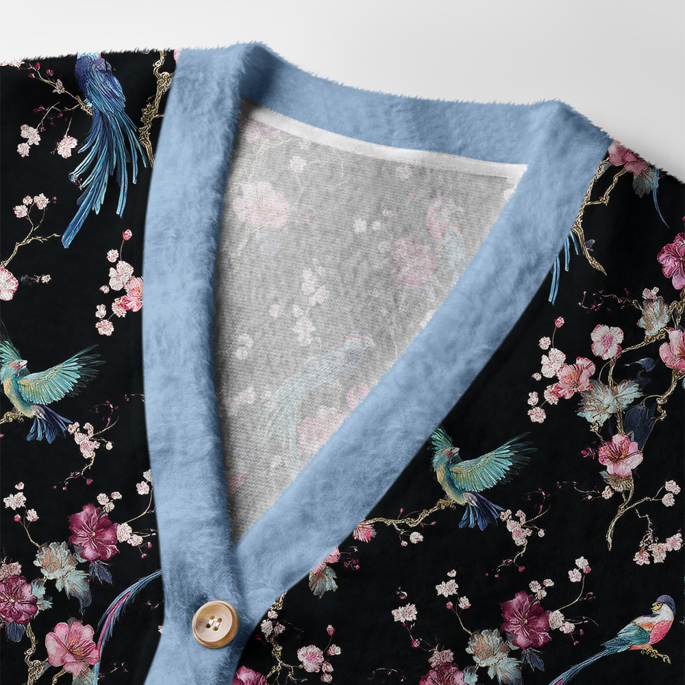 Birds and Blooms Cardigan Sweater Close-up detail of the Birds & Blooms cardigan sweater highlighting the intricate floral and bird designs on soft fabric.