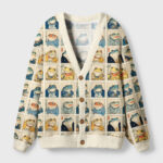 Front view of the Watching Frogs Cardigan Sweater featuring a quirky frog design in vibrant colors.