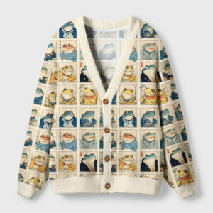 Front view of the Watching Frogs Cardigan Sweater featuring a quirky frog design in vibrant colors.