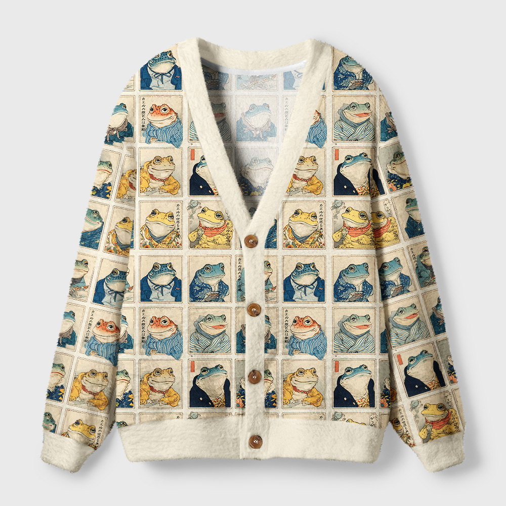Watching Frogs Cardigan Sweater Front view of the Watching Frogs Cardigan Sweater featuring a quirky frog design in vibrant colors.