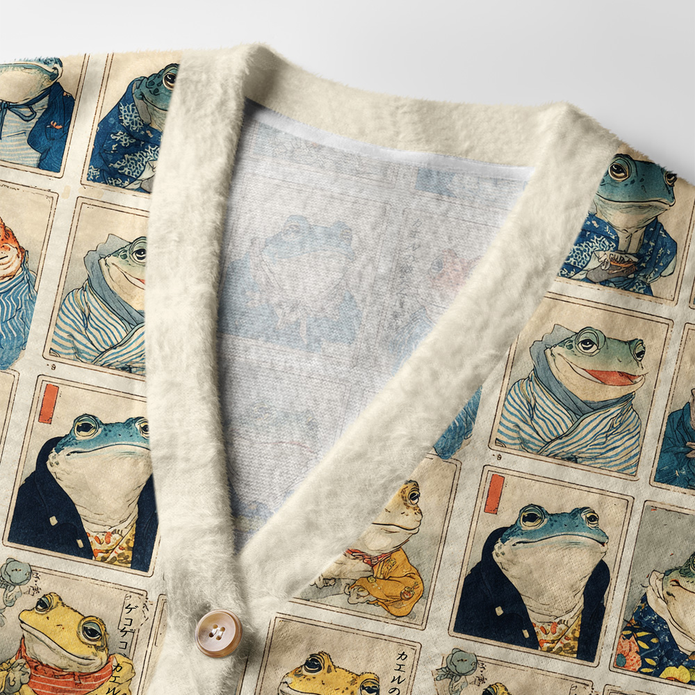 Watching Frogs Cardigan Sweater Close-up detail of the Watching Frogs Cardigan Sweater highlighting the button design and playful frog illustrations.