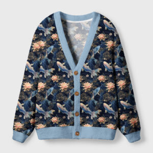 Front view of the koi & lotus cardigan sweater featuring vibrant koi and lotus designs on a navy background.