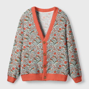 Front view of the winter blossoms & birds cardigan sweater featuring vibrant floral patterns and an orange trim.