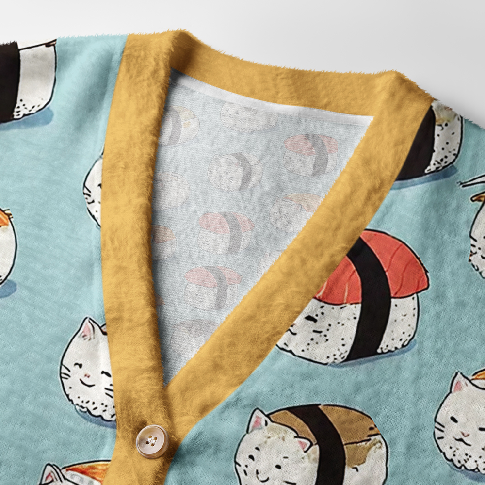 Cat Sushi Cardigan Sweater | Cozy Cat Lover Style Close-up detail of the cat sushi cardigan sweater highlighting the cute cat faces and colorful sushi rolls stitched beautiful