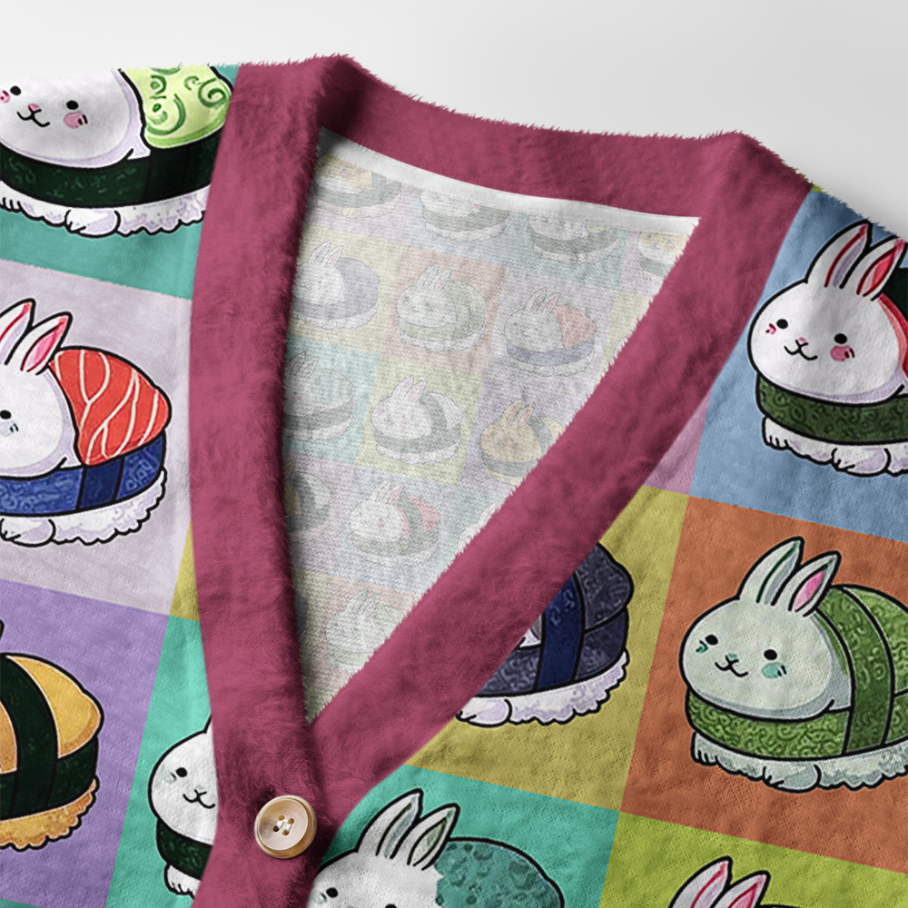 Bunny Sushi Cardigan Sweater | Cute Animal Design Lifestyle shot of a person wearing the bunny sushi cardigan sweater, highlighting its playful design and comfy fit.