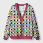 Front view of the bunny sushi cardigan sweater featuring a colorful animal design and a cozy pink trim.