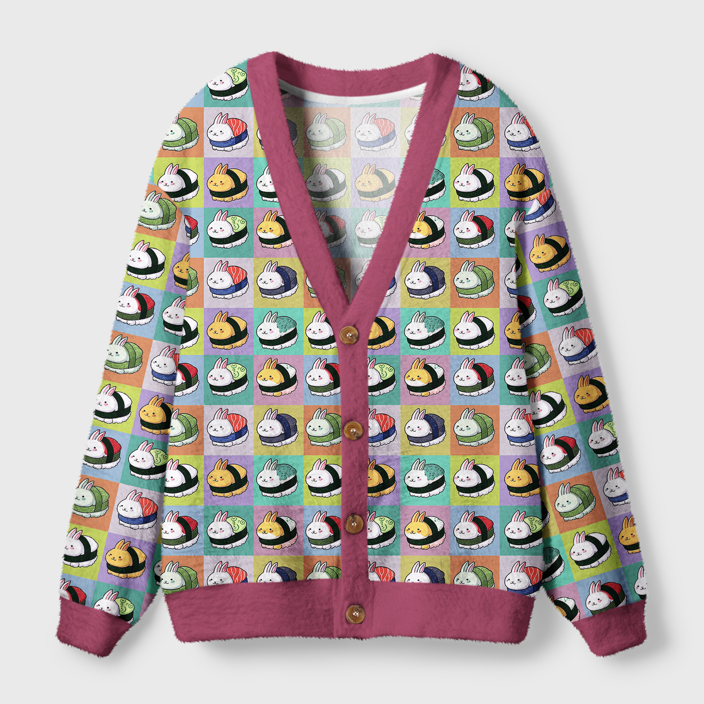 Bunny Sushi Cardigan Sweater | Cute Animal Design Front view of the bunny sushi cardigan sweater featuring a colorful animal design and a cozy pink trim.