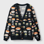 Front view of the delicious sushi cardigan sweater featuring colorful sushi designs on a navy background.