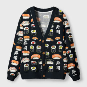 Front view of the delicious sushi cardigan sweater featuring colorful sushi designs on a navy background.