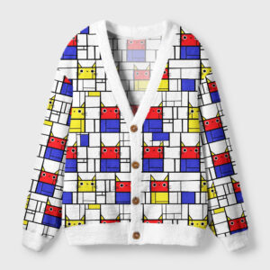Front view of the abstract cat cardigan sweater featuring colorful cat designs on a white background.