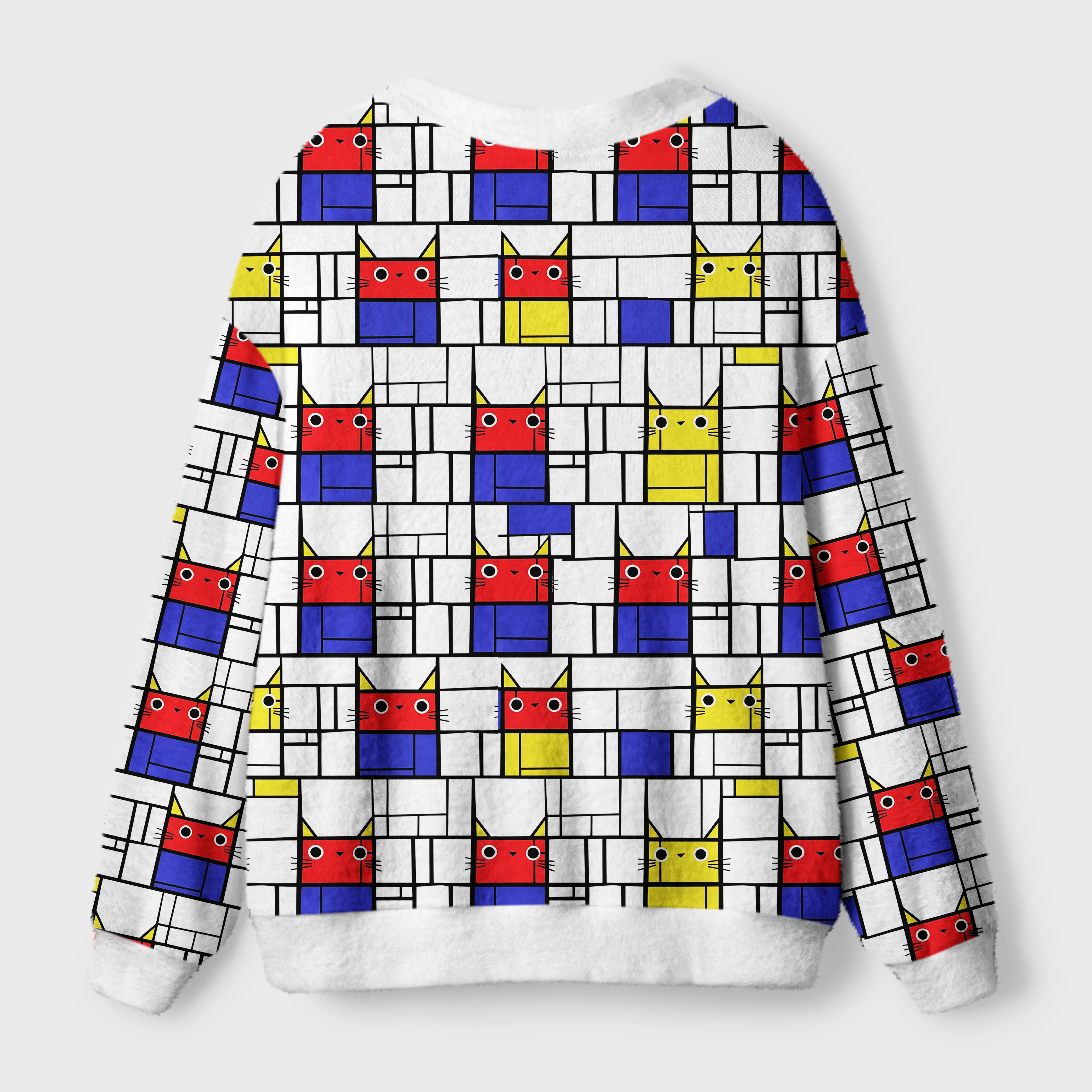 Abstract Cat Cardigan Sweater | Fun Modern Art Back view of the abstract cat cardigan sweater showcasing vibrant cat art and geometric patterns.