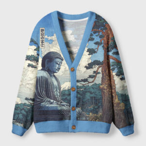 Front view of the great buddha of japan cardigan sweater featuring a serene blue design and button details.