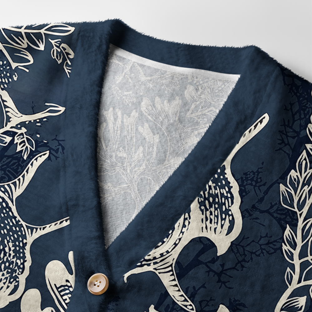 Marine Mystery Cardigan Sweater | Ocean Animal Design Close-up detail of the marine mystery cardigan sweater highlighting its soft fabric and unique ocean animal illustrations.