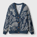 Front view of the marine mystery cardigan sweater featuring ocean animal designs in navy blue.