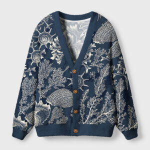 Front view of the marine mystery cardigan sweater featuring ocean animal designs in navy blue.