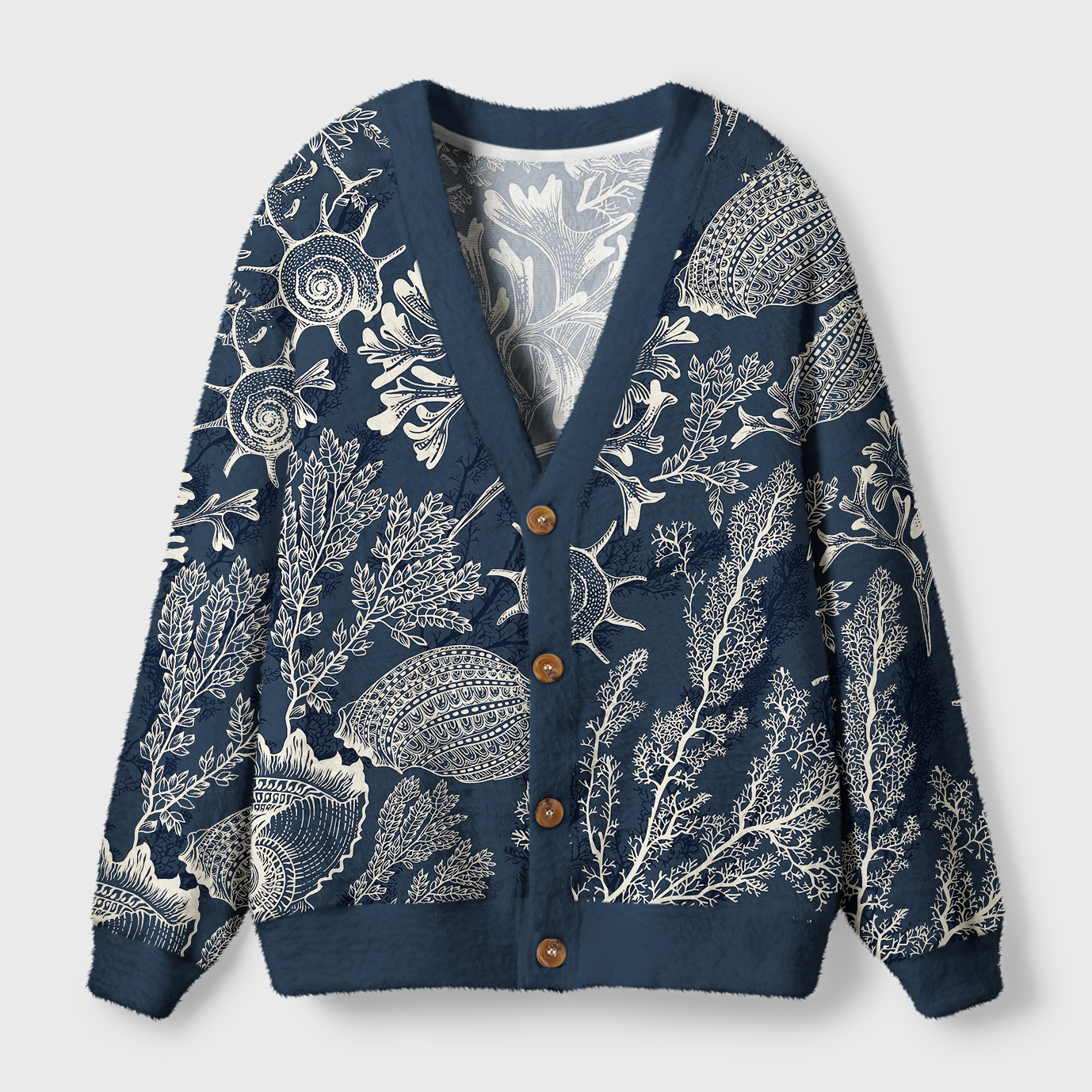 Marine Mystery Cardigan Sweater | Ocean Animal Design Front view of the marine mystery cardigan sweater featuring ocean animal designs in navy blue.