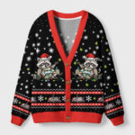 Front view of the unlucky raccoon cardigan sweater featuring a playful raccoon design on a black background.