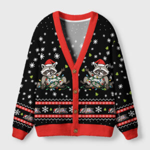Front view of the unlucky raccoon cardigan sweater featuring a playful raccoon design on a black background.