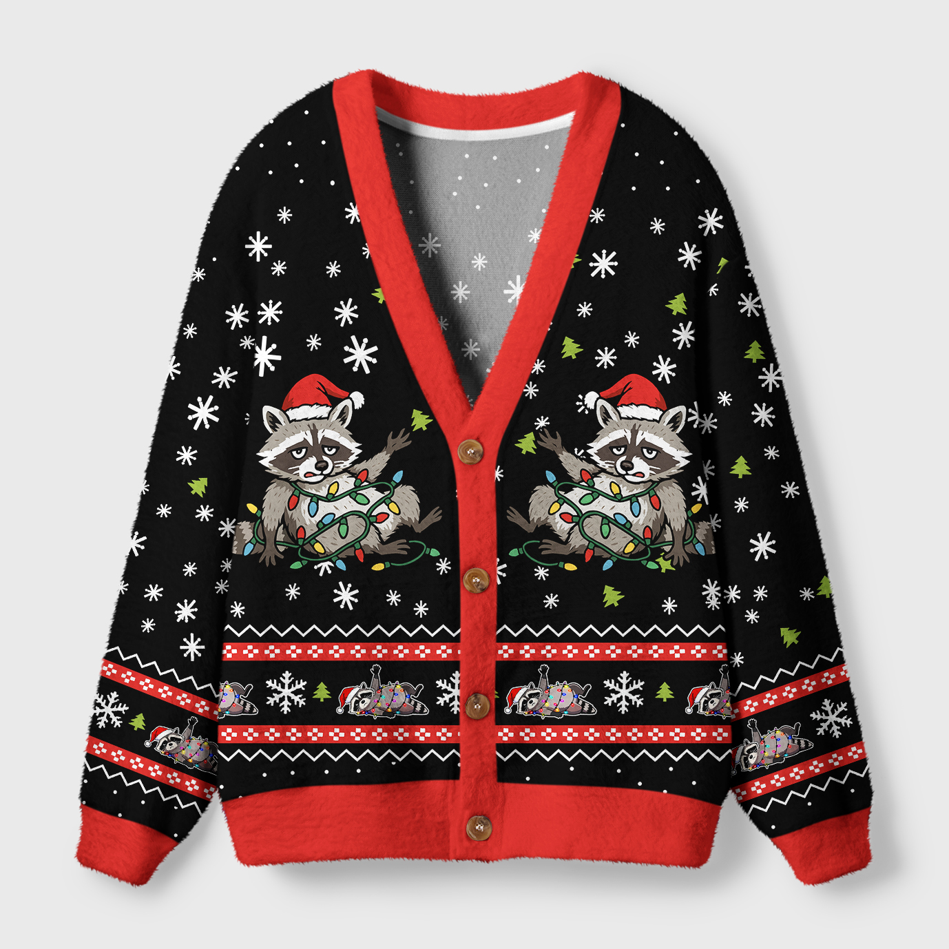 Unlucky Raccoon Cardigan Sweater Front view of the unlucky raccoon cardigan sweater featuring a playful raccoon design on a black background.