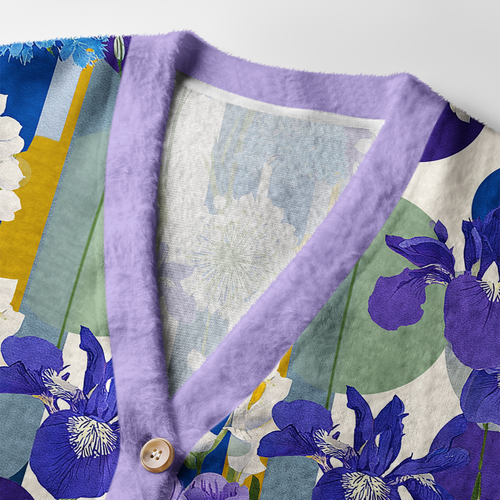 Iris Canvas Cardigan Sweater | Floral Art Design Close-up detail of the iris canvas cardigan sweater's floral art design, emphasizing the intricate patterns and colors.
