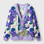 Iris canvas cardigan sweater in vibrant purple with floral design, front view showcasing buttons and patterns.