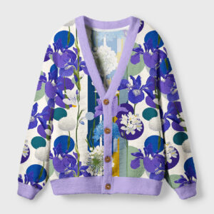 Iris canvas cardigan sweater in vibrant purple with floral design, front view showcasing buttons and patterns.