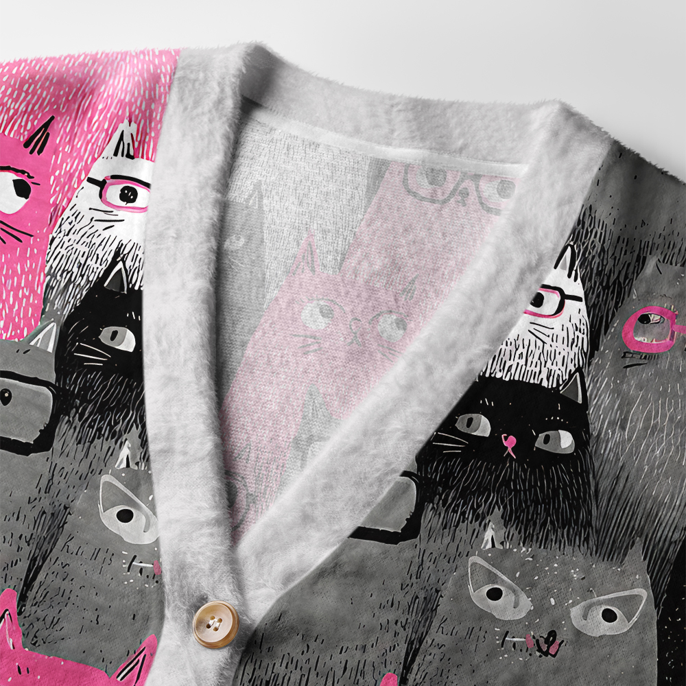 Cats With Attitude Cardigan Sweater Close-up detail of the buttons on the cats with attitude cardigan sweater highlighting its unique cat art.