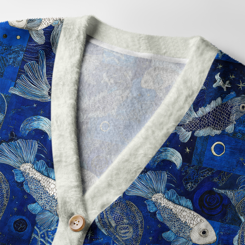 Moonlight Dancing Fish Cardigan Sweater | Celestial Design Close-up detail of the moonlight dancing fish cardigan sweater highlighting the intricate fish design and soft texture.