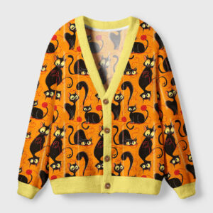 Front view of the prowling cats cardigan sweater featuring a bold orange color and playful cat designs.