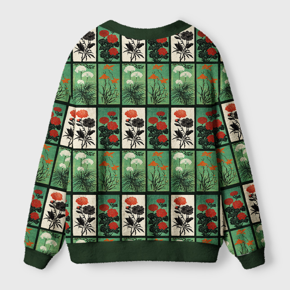Ukiyo-e Evergreen Cardigan Sweater Back view of the ukiyo-e evergreen cardigan sweater showcasing a unique Japanese nature pattern in rich colors.