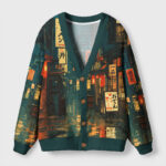 Front view of the retro Japanese street cardigan sweater featuring a vibrant city scene in green and orange tones.