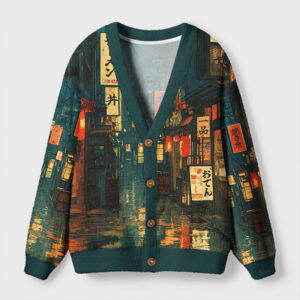 Front view of the retro Japanese street cardigan sweater featuring a vibrant city scene in green and orange tones.