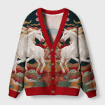 Celestial steeds cardigan sweater features a vibrant red trim and intricate horse design, showcased from the front view.