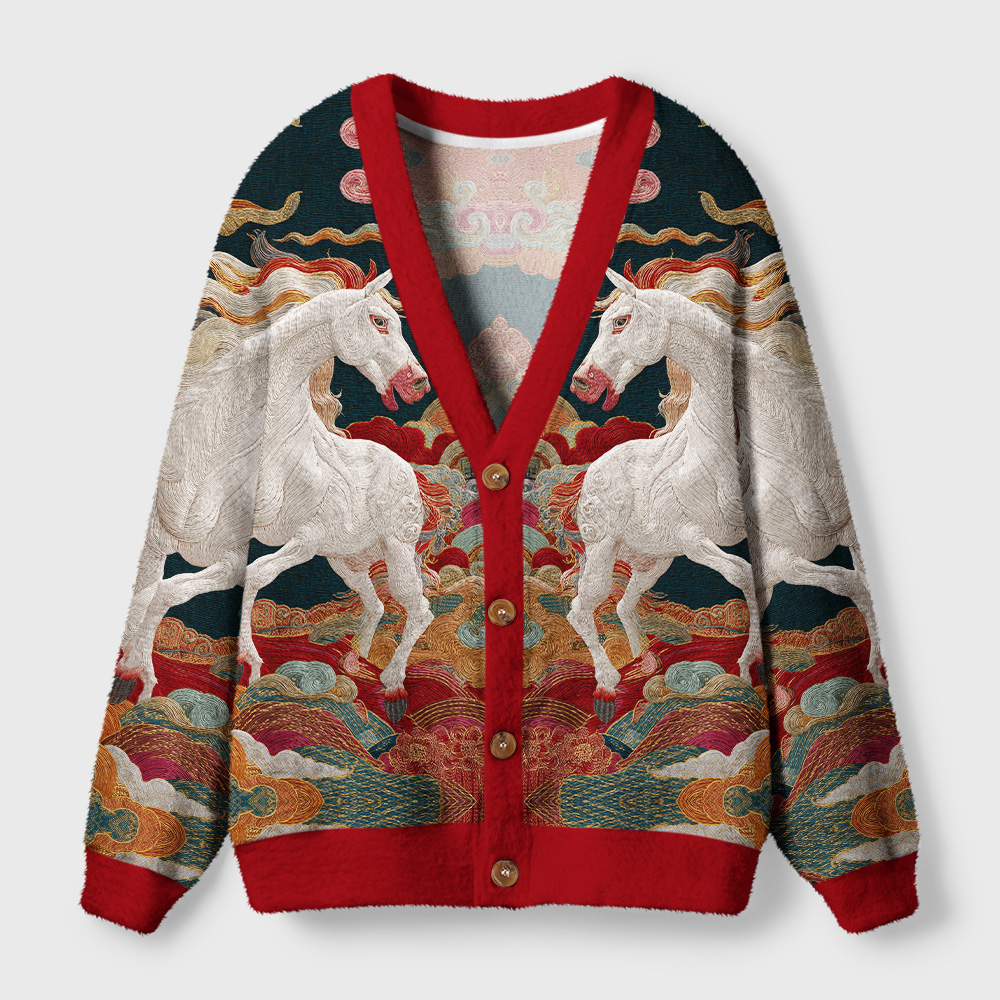 Celestial Steeds Cardigan Sweater | Auspicious Cloud Design Celestial steeds cardigan sweater features a vibrant red trim and intricate horse design, showcased from the front view.