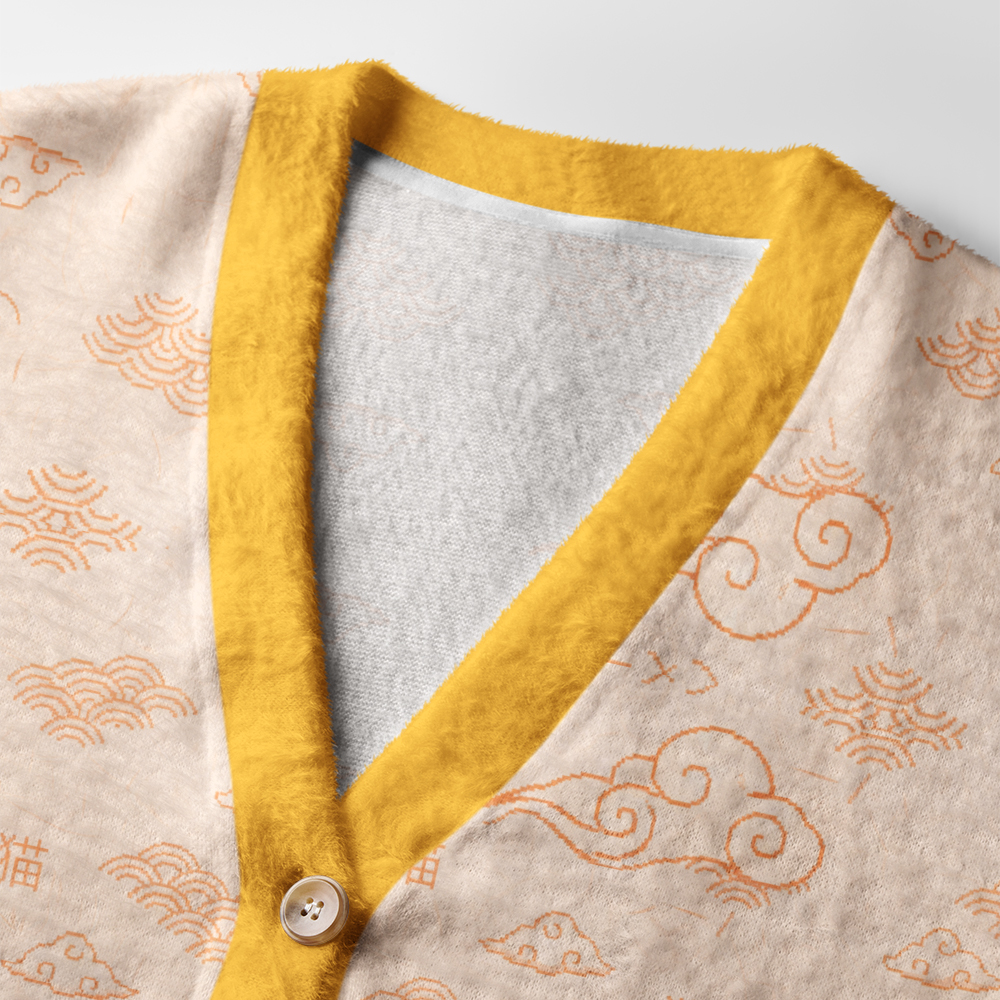 Cat Ramen Feast Cardigan Sweater Close-up detail of the cat ramen feast cardigan sweater highlighting the vibrant colors and unique food-themed artwork.