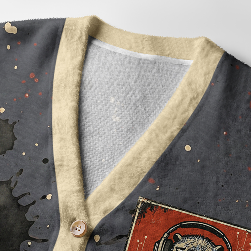 Bruh Capybara Gamer Cardigan Sweater Detailed close-up of the bruh capybara gamer cardigan sweater, highlighting the playful graphics and buttons.