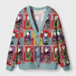 Front view of the samurai cat cardigan sweater showcasing vibrant vintage Japanese design and soft blue accents.