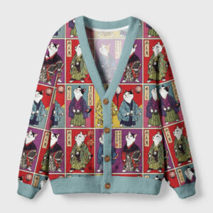 Front view of the samurai cat cardigan sweater showcasing vibrant vintage Japanese design and soft blue accents.