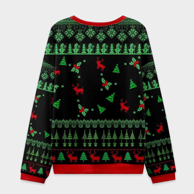 I Hate Everyone Stupid Assholes Christmas Ugly Sweatshirt Close-up detail of the I Hate Everyone Stupid Assholes sweatshirt's colorful holiday patterns on a black background.